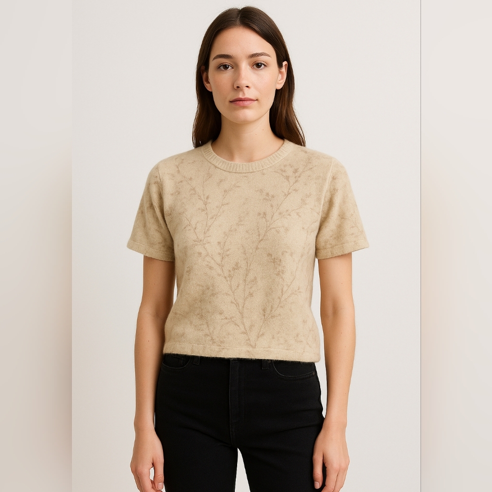 Jones NY Angora & Lambswool Scandi Girl Botanical Print Short Sleeve Shirt, Sm
